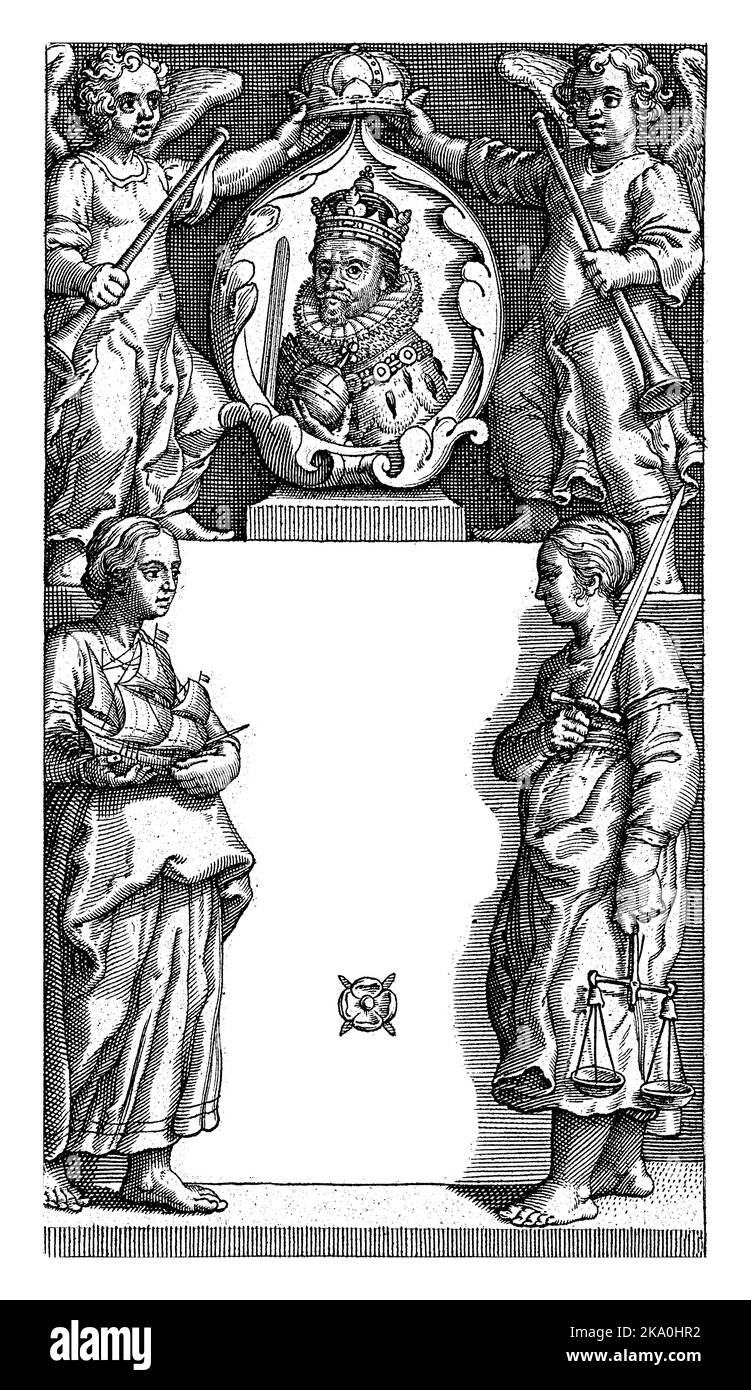 Su un piedistallo, sul quale si menzionano il titolo, l'autore e l'impronta del libro, si trova un cartouche con il ritratto del re inglese Giacomo I. Foto Stock