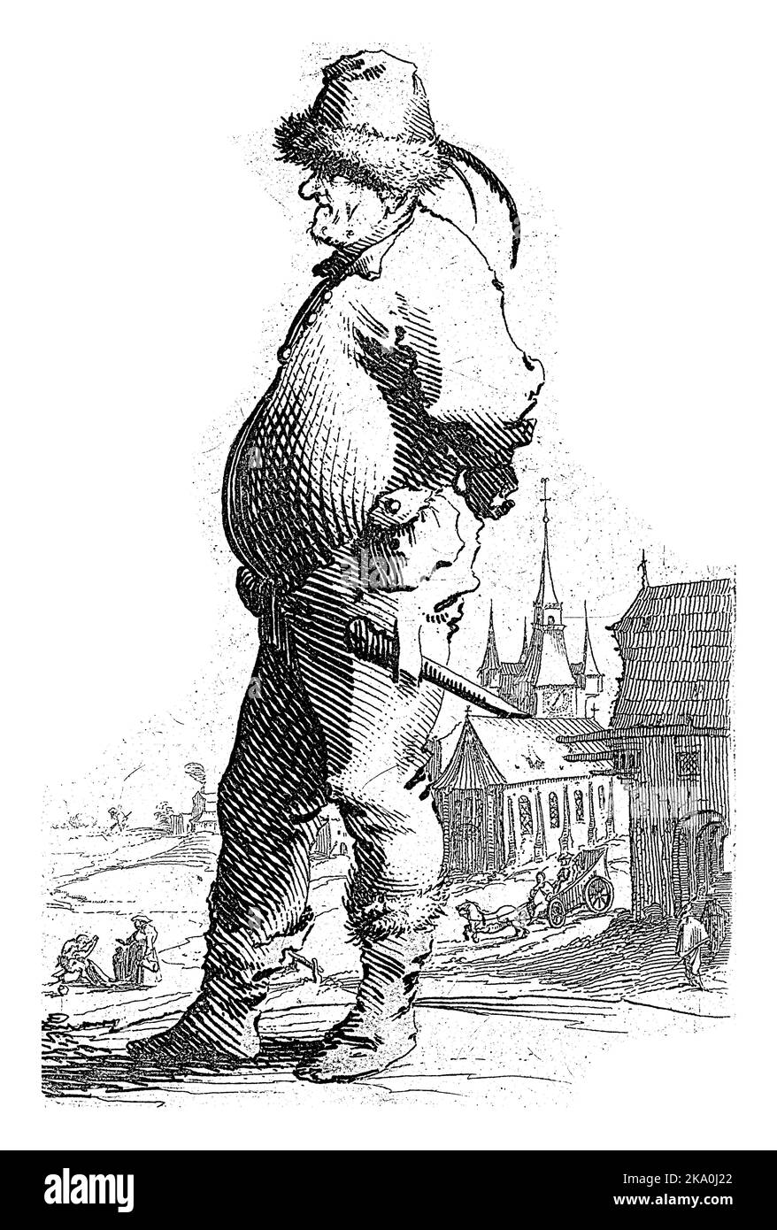 Uomo di profilo, sullo sfondo una chiesa e un edificio con una galleria, Salomon Savery, dopo Pieter Jansz. Quast, 1630 - 1665 Foto Stock