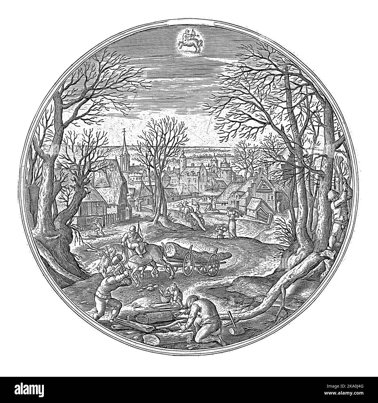 Cornice rotonda con un paesaggio autunnale con scene autunnali. L'obiettivo è tagliare il legno per l'inverno. Sullo sfondo, il legno viene portato al ci Foto Stock