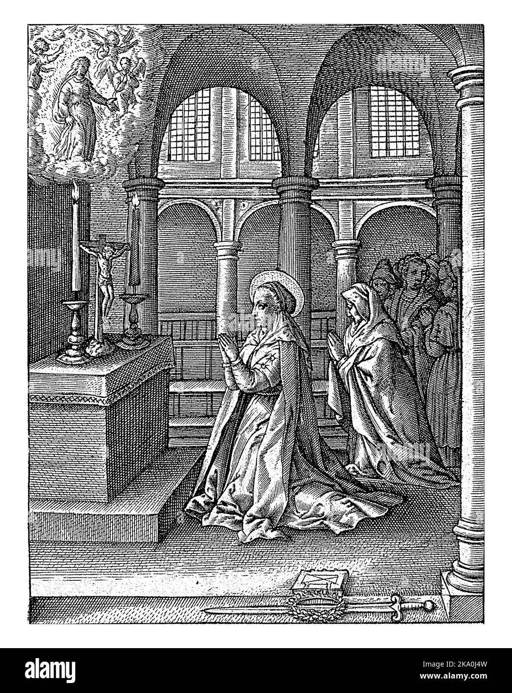 Virtù dei devoti, Hieronymus Wierix, 1563 - prima del 1619 Santa Lucia, accompagnata da altre donne, prega in una cappella. Sopra l'altare una visione di t Foto Stock