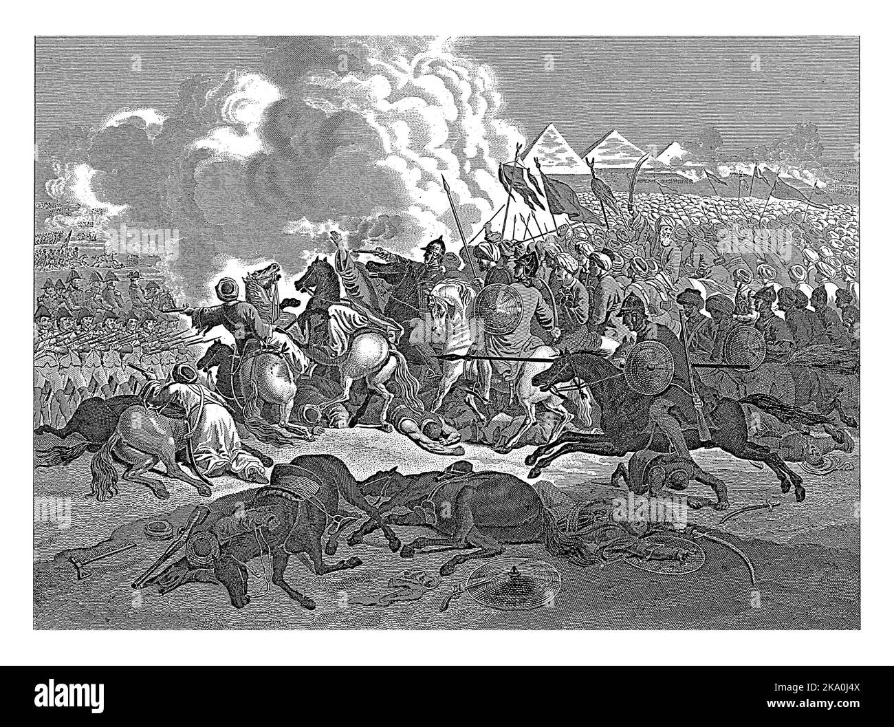 La Battaglia delle Piramidi il 21 luglio 1798 tra i francesi e i mamelucchi. Questa battaglia ebbe luogo presso le piramidi di Giza in Egitto. Foto Stock