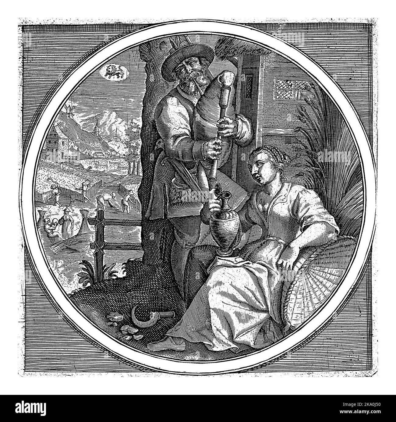 Il mese di luglio: Un bagpiper e una donna con un pitcher riposo. Coltivatori che raccolgono il mais nello sfondo. In alto a sinistra il segno dello zodiaco che appartiene Foto Stock