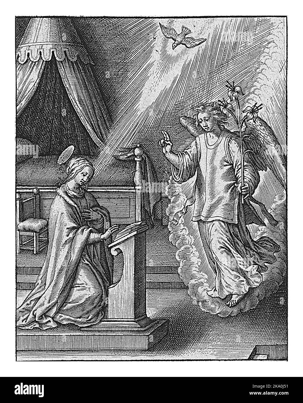Virtù dell'umile, Hieronymus Wierix, 1563 - prima del 1619 l'Annunciazione. Maria è in ginocchio dietro la sua scrivania. È visitata dall'angelo Gabriel. Foto Stock