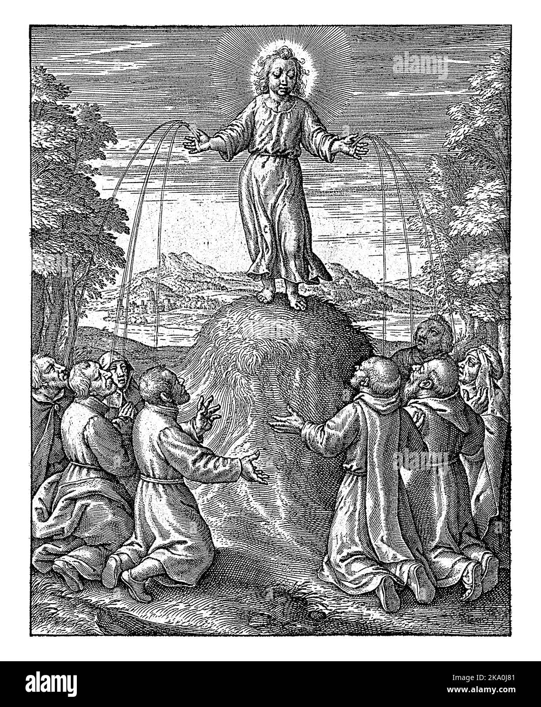 Il Cristo Bambino si erge su una collina. È adorato da due gruppi di supplicanti. Il sangue scorre dalle mani del bambino. Foto Stock