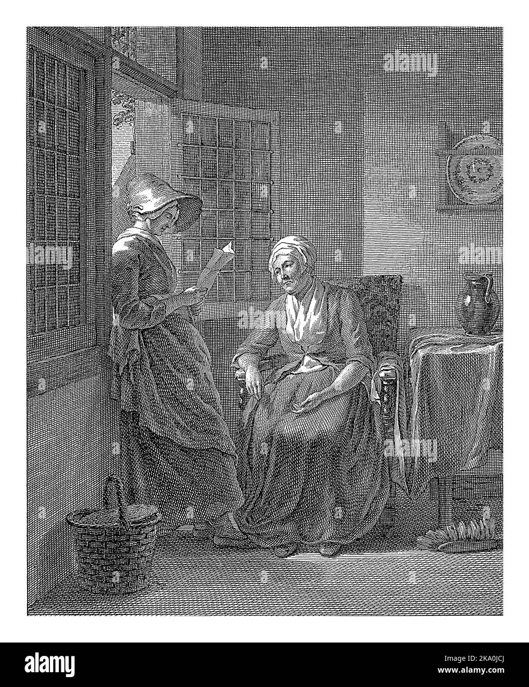 Giovane donna in piedi accanto ad una finestra aperta e che legge una lettera ad una donna su una sedia, Johannes Christiaan Bendorp, dopo George Adam Schmidt, 1776 - 1847 Foto Stock