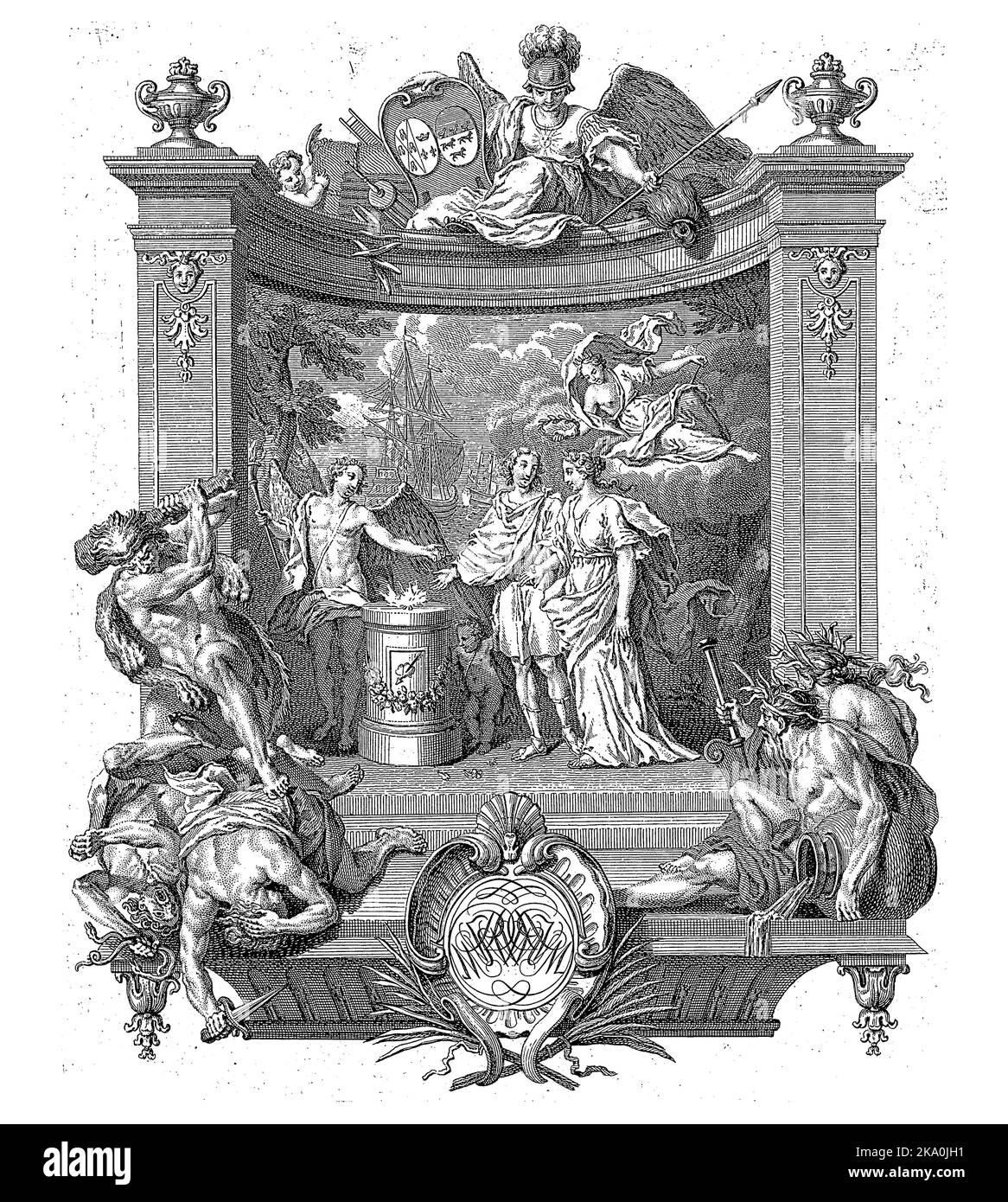 Vignetta di nozze con Ercole e Minerva, Claude Augustin Duflos, dopo Louis Fabritius Dubourg, 1710 - 1786 Foto Stock