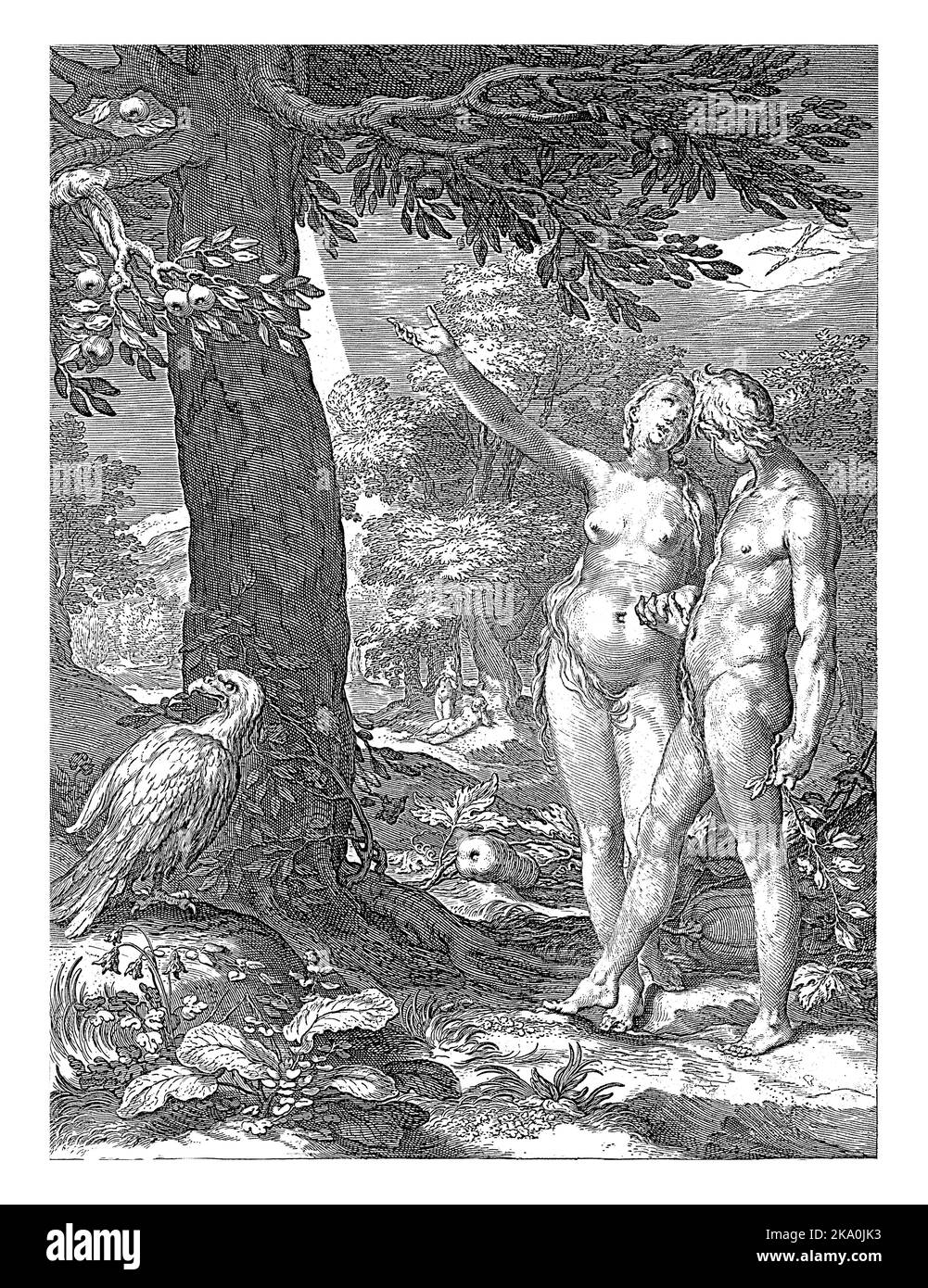 Adamo ed Eva in paradiso. Eva mostra ad Adamo l'albero della conoscenza del bene e del male. Accanto all'albero un uccello di preda. Foto Stock