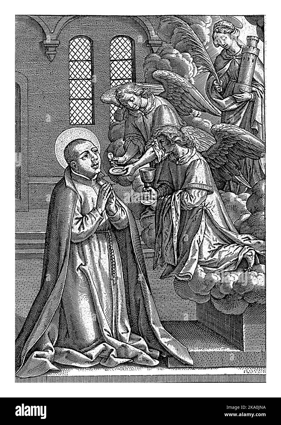 H. Stanislaus Kostka, Hieronymus Wierix, 1563 - prima del 1619 il gesuita polacco Stanislaus Kostka si inginocchia in una chiesa. Riceve la Santa comunione (c Foto Stock