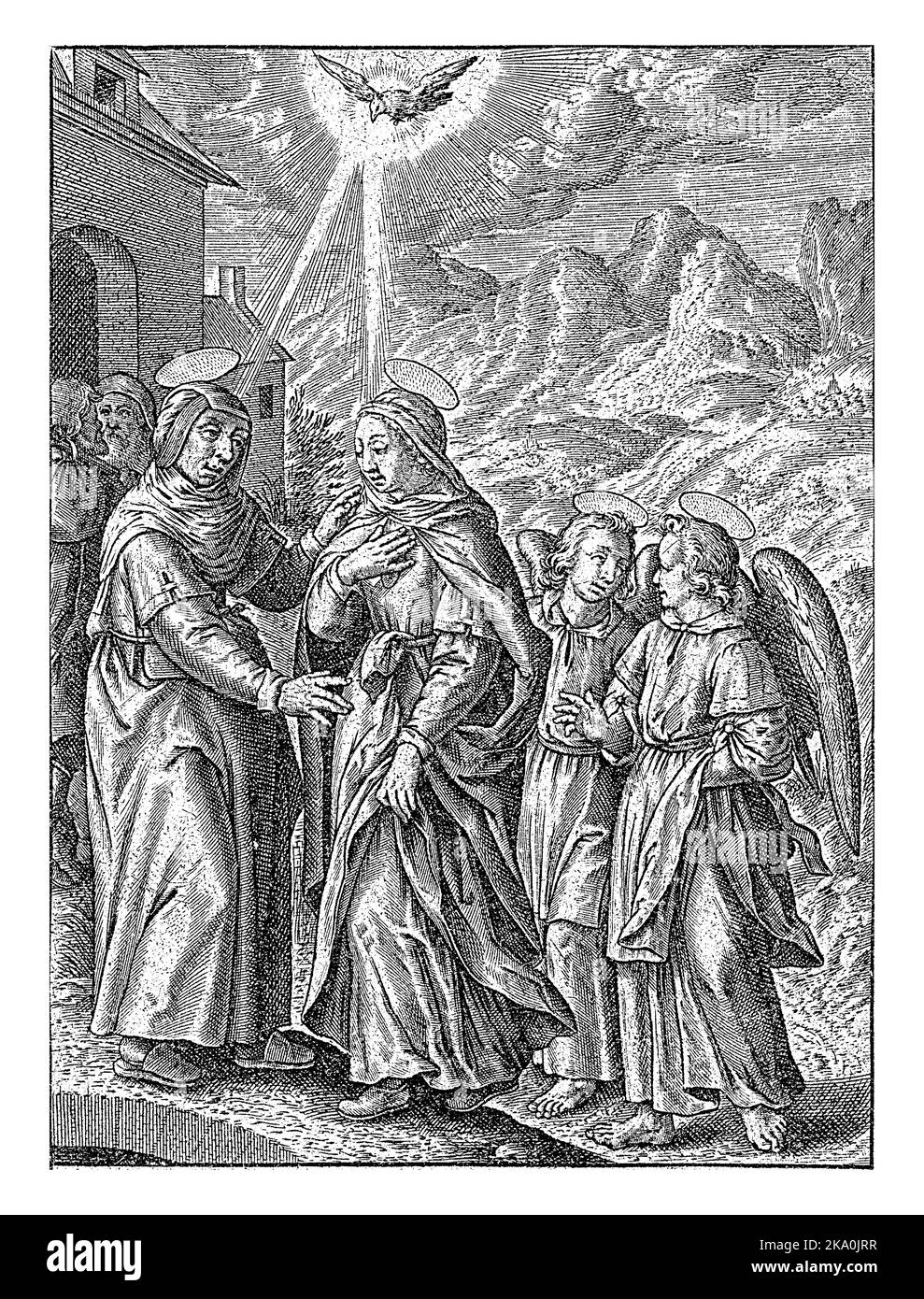 Visita, Hieronymus Wierix, 1563 - prima delle 1619 Maria visita sua cugina Elisabet. È seguita da due angeli. Sullo sfondo della porta Za Foto Stock