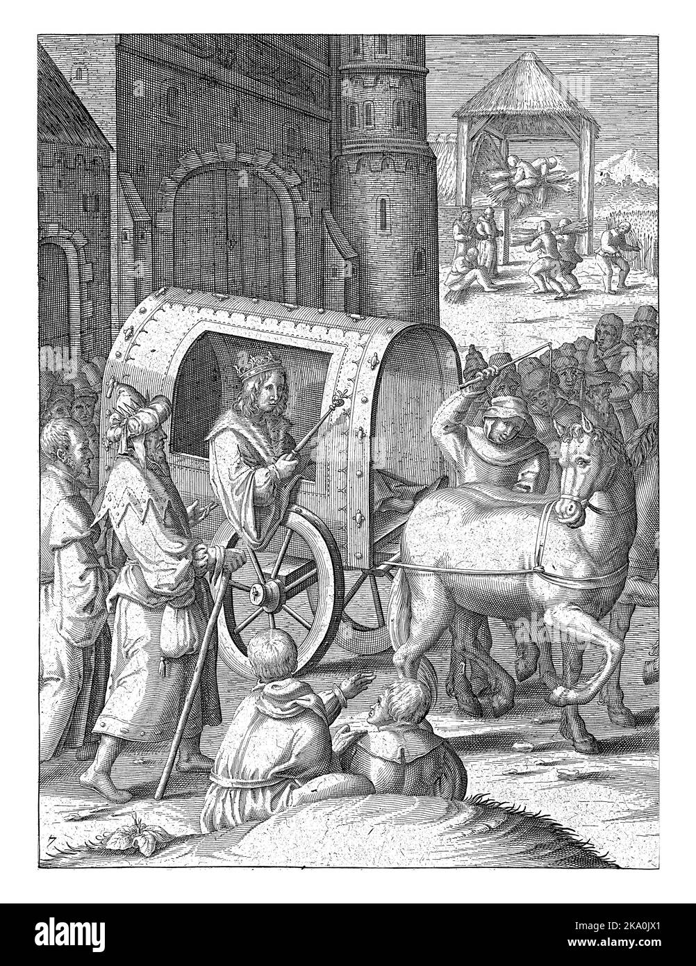 Giuseppe viaggia in tutto l'Egitto in un carro per controllare il deposito di grano durante i sette buoni anni. Foto Stock