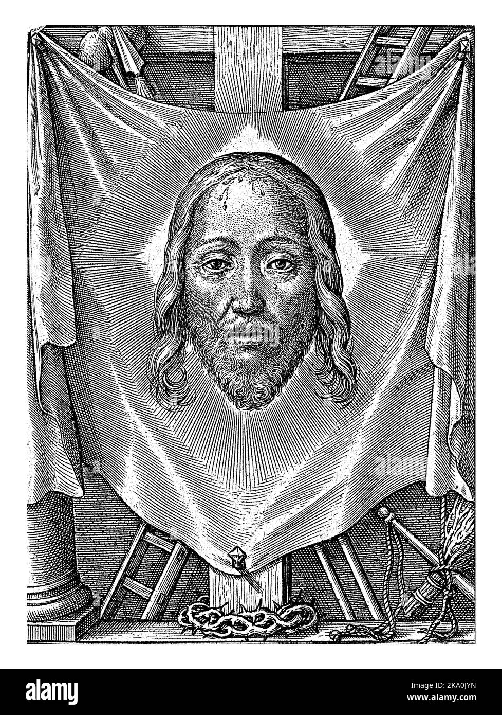 Il sudario sacro, Hieronymus Wierix, 1563 - prima del 1619 la tela di sudore di Veronica, con un'impronta del volto di Cristo, pende sulla croce. Intorno al panno Foto Stock