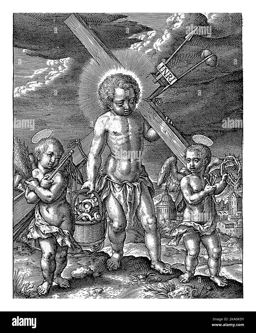 Cristo Bambino porta gli strumenti della Passione, Hieronymus Wierix, 1563 - prima del 1619 il Cristo Bambino porta gli strumenti della Passione sulla schiena e in un cestino. Foto Stock