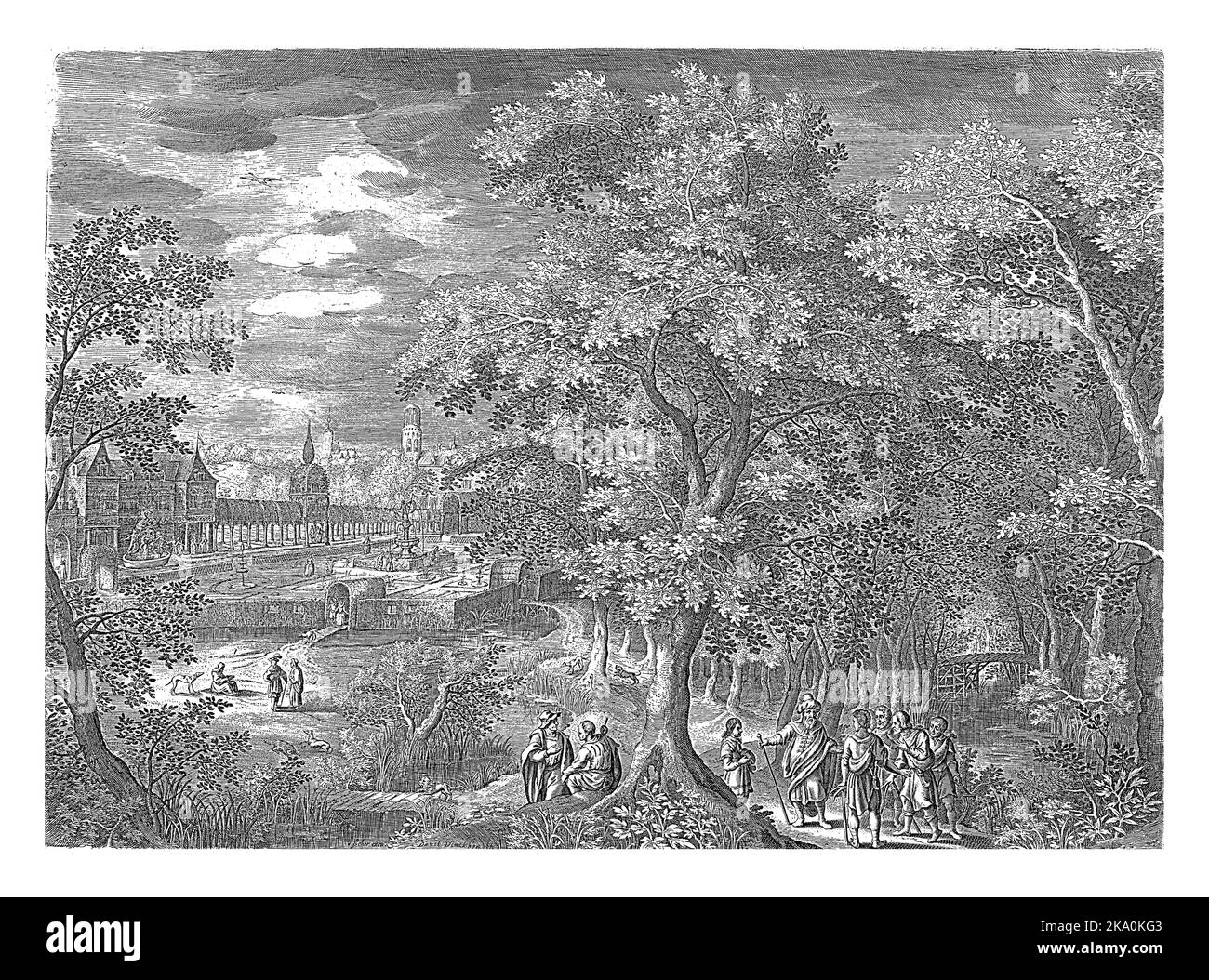 Paesaggio boscoso con la parabola dei lavoratori nel vigneto, Jan van Londerseel, dopo David Vinckboons (i), c.. 1601 - c. 1652 paesaggio boscoso w Foto Stock