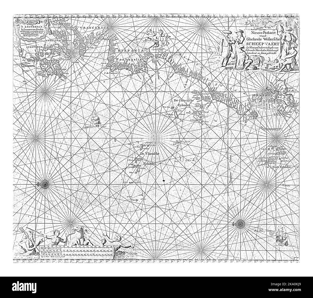 Carta dei passaporti di parte dell'Oceano Atlantico con la costa occidentale dell'Europa e parte dell'Africa, con due rose a bussola, il Nord è sulla sinistra. Foto Stock
