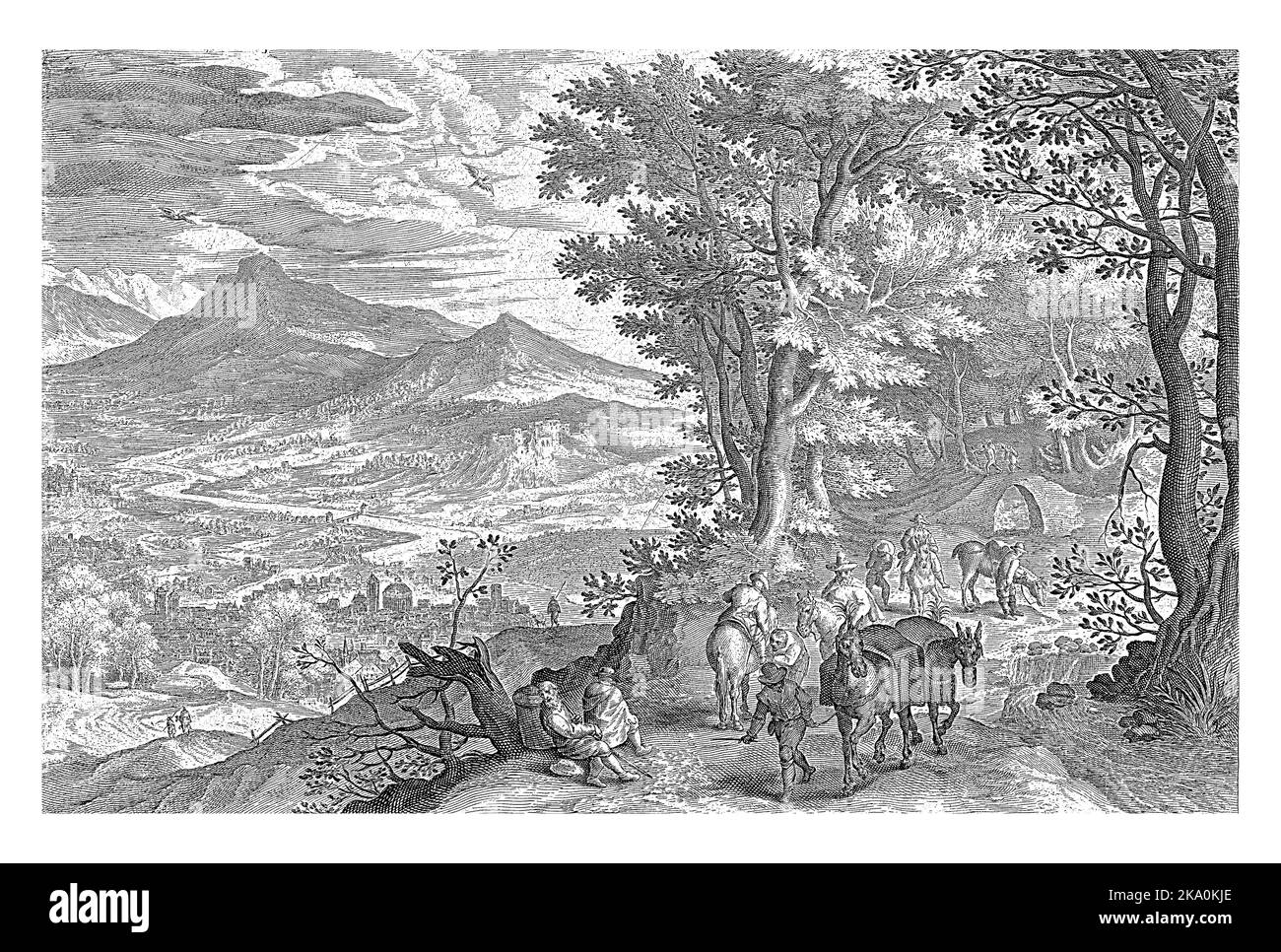 Paesaggio forestale con viaggiatori e cavalli su un sentiero. Sullo sfondo a sinistra una valle con una città. Nel margine una didascalia a quattro righe, in due colonne, Foto Stock