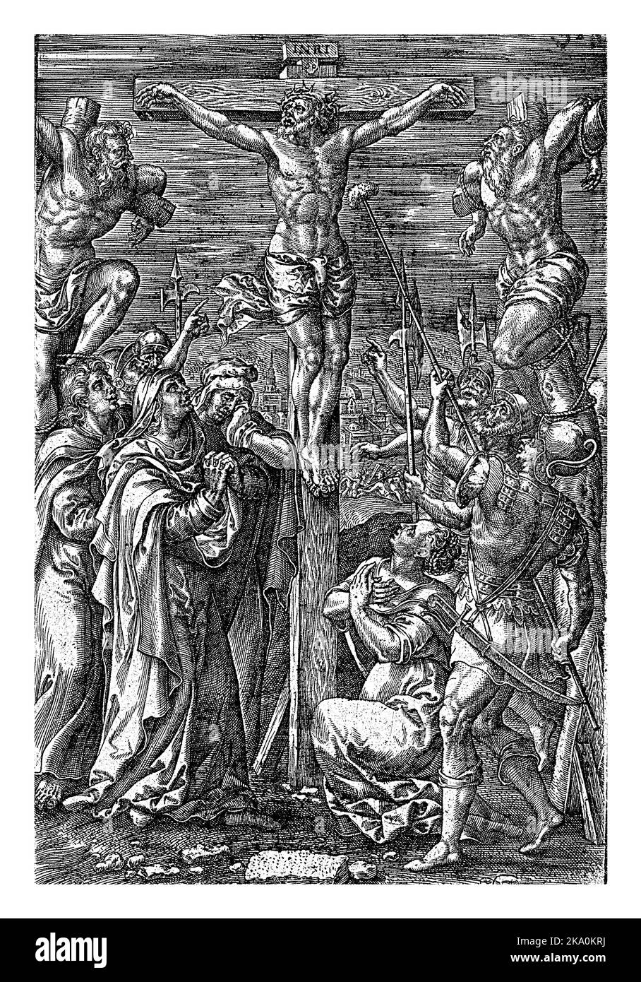Cristo sulla Croce, Johannes Wierix, dopo Pieter van der Borcht (i), 1572 morte di Cristo sul Calvario. Cristo pende sulla croce. A sinistra e a destra di h Foto Stock