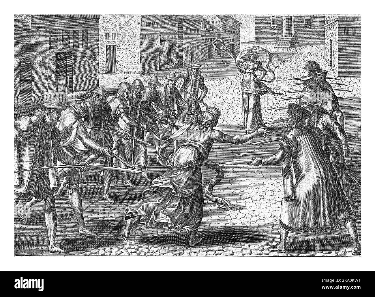 In una piazza della città, giudici buoni e cattivi, avvocati buoni e cattivi, testimoni buoni e cattivi, si levano in piedi l'uno contro l'altro con spiedini pronti. Foto Stock