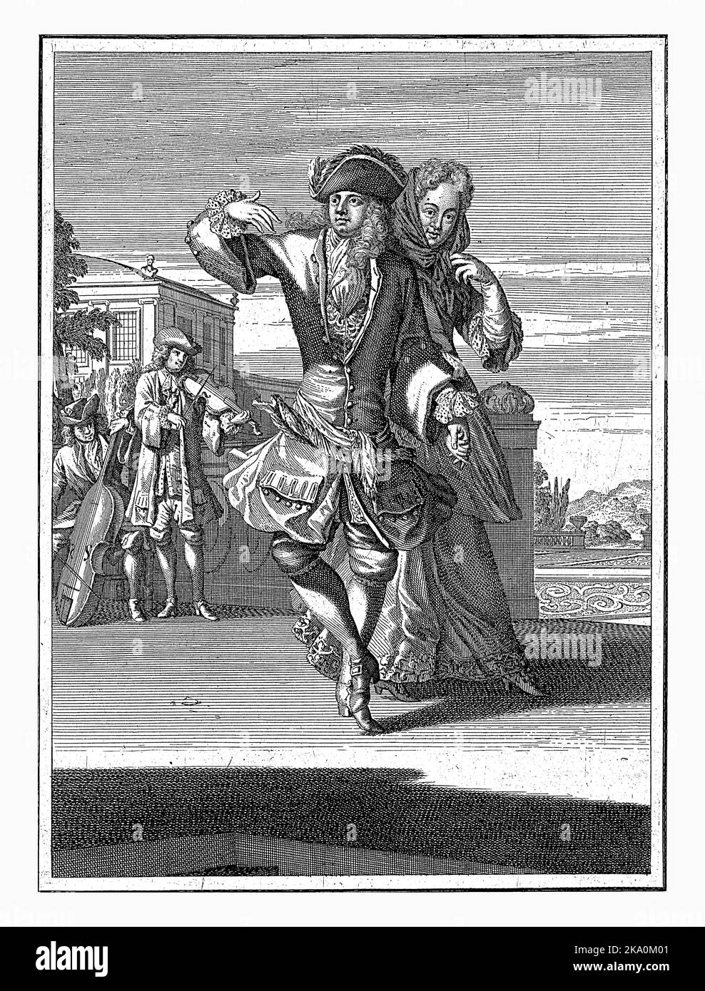 Horen, Caspar Luyken, 1698 - 1702 in primo piano una coppia danzante. Sullo sfondo due musicisti con un violino e una viola da gamba. Foto Stock