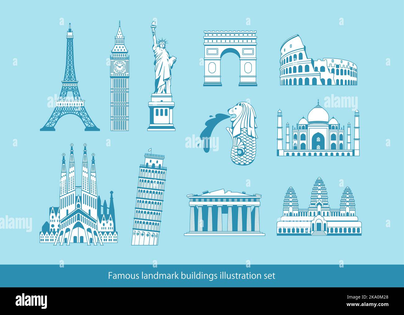Edifici famosi in tutto il mondo set di illustrazioni vettoriali ( patrimonio mondiale ) | Statua della libertà, Torre Eiffel, Sagrada Familia etc Illustrazione Vettoriale