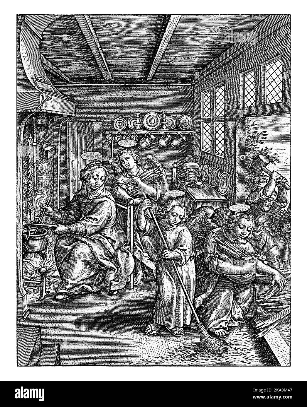 Cristo Bambino spazza il pavimento, Hieronymus Wierix, 1563 - prima del 1619 il Cristo Bambino spazza il pavimento nella casa. Joseph sta martellando sul muro. Foto Stock