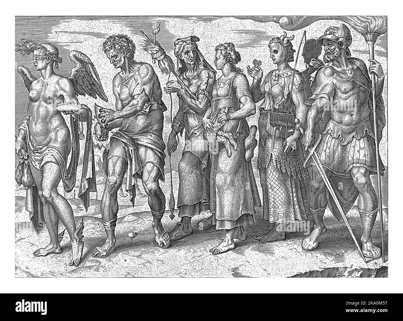 Destiny (Fortuna) conduce la strada in una processione di personificazioni. Nelle sue mani una ciotola per l'elemosina e una borsetta. Foto Stock