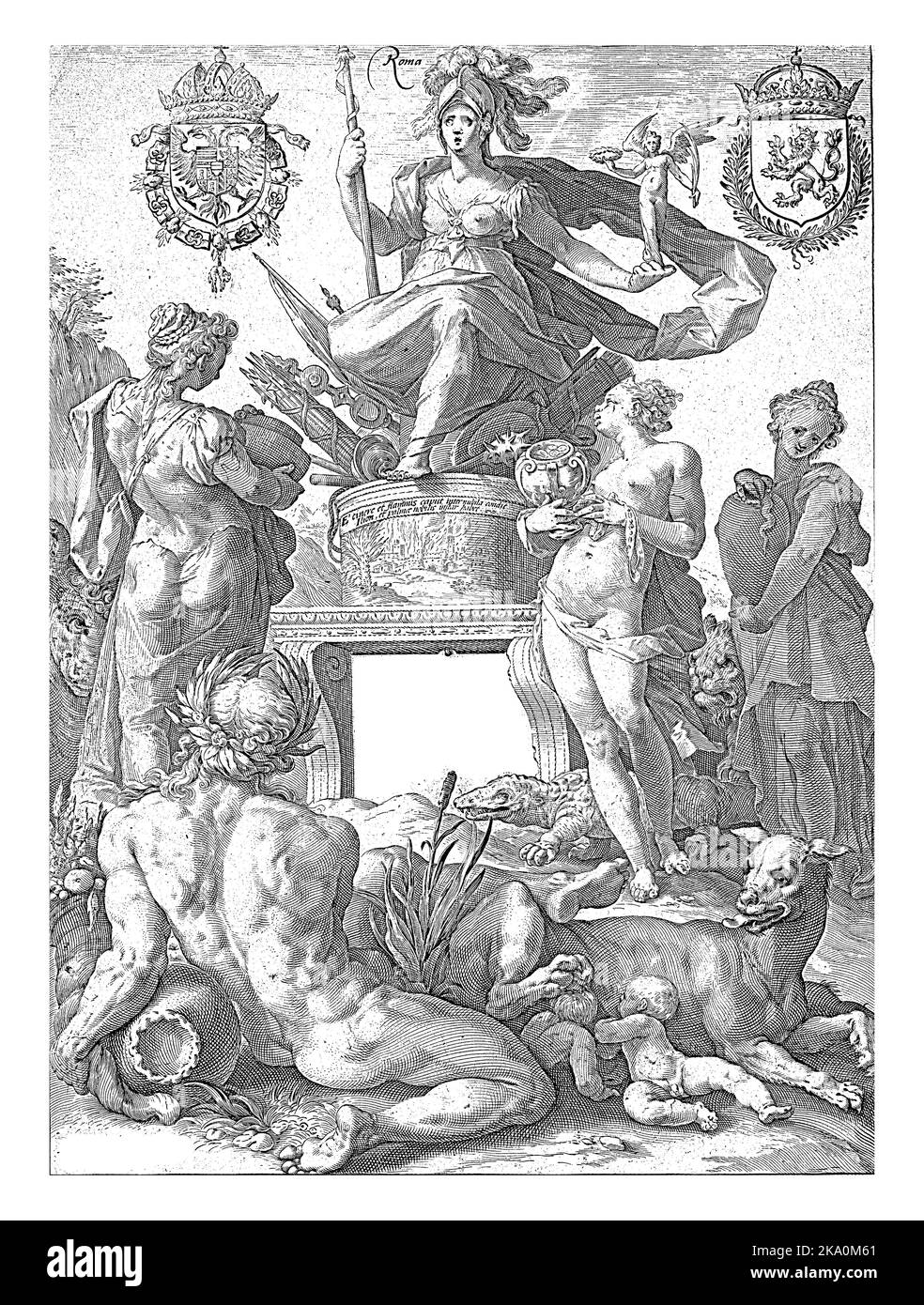 Stampa della dea Roma ('Roma'), seduta su un sedile di armi su un piedistallo, nella mano sinistra una statua della dea della vittoria. Foto Stock