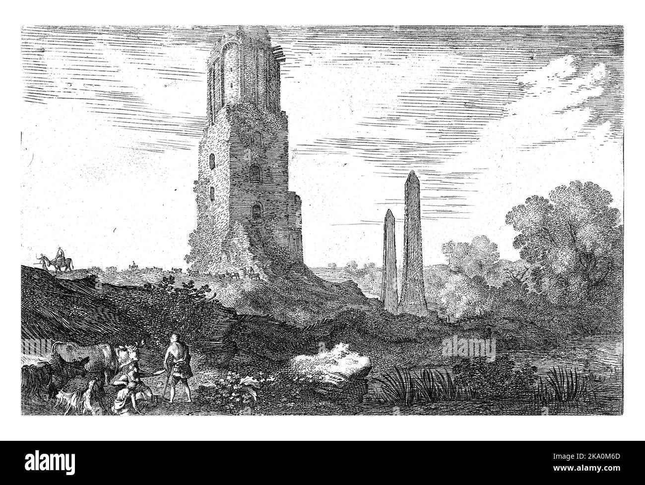 Accanto alla Torre delle milizie si trovano due obelischi. Un gruppo di viaggiatori a cavallo passa accanto alla torre. Foto Stock