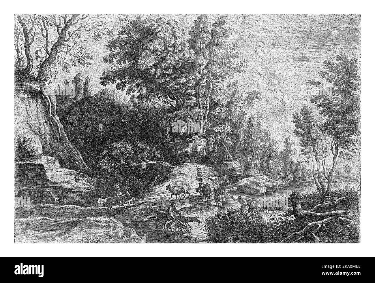 Buca d'annaffiamento ai margini della foresta, con cavalli, mucche e i loro pastori. Foto Stock