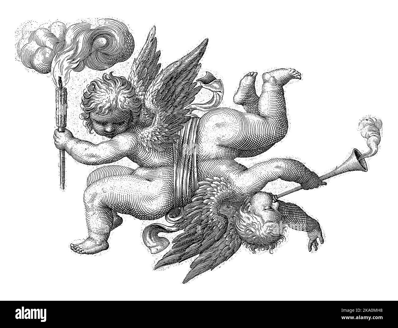 Due dei dell'amore (Amor) sono collegati da un nastro. Uno tiene una torcia accesa, l'altro soffia una tromba. Sotto la performance c'è un verso latino. Foto Stock