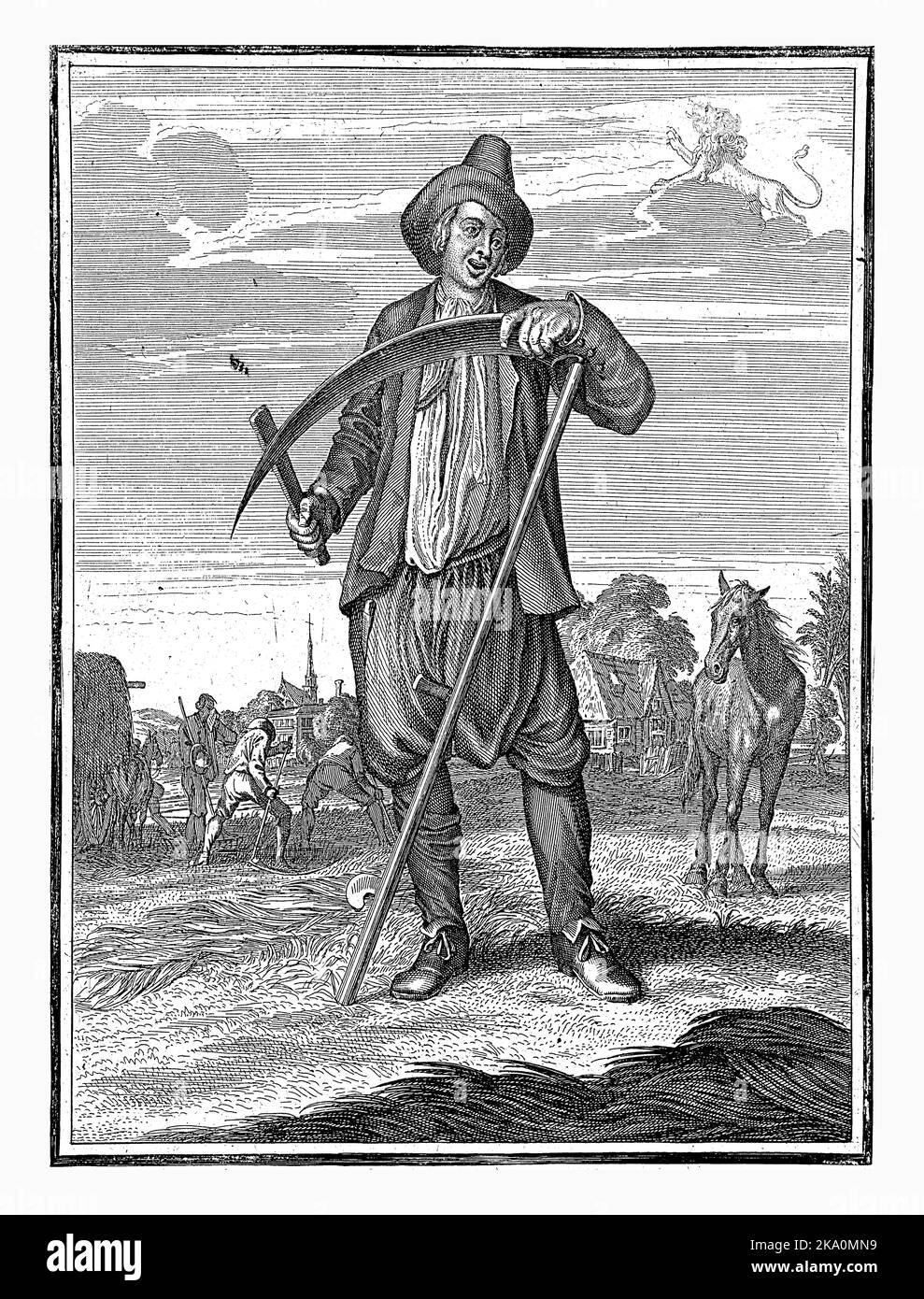 Luglio, Caspar Luyken, 1698 - 1702 il mese di luglio. Un giovane in primo piano affilando la sua falce con una pietra. Sullo sfondo, agricoltori un Foto Stock