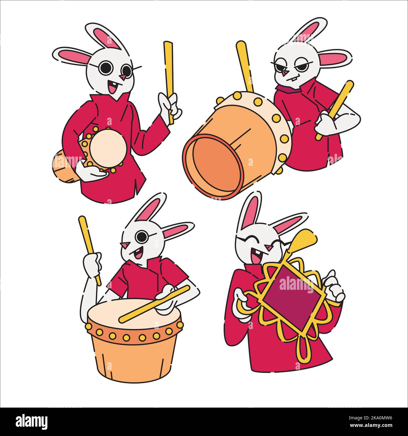 Tamburi di coniglio cinese di nuovo anno e decorazione della parete di tenuta in design piatto adatto per saluti e stampa Illustrazione Vettoriale