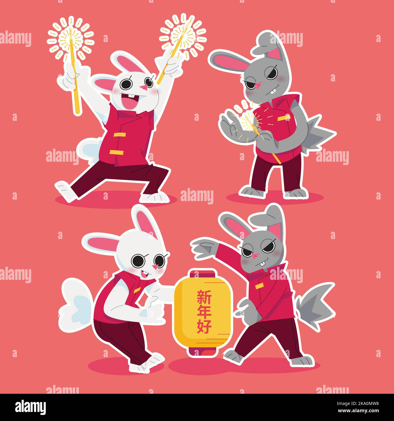 Chinese New Year coniglio carattere illuminazione candele e lanterne in design piatto, lettere 新年好 significa "felice Lunar nuovo anno" Illustrazione Vettoriale