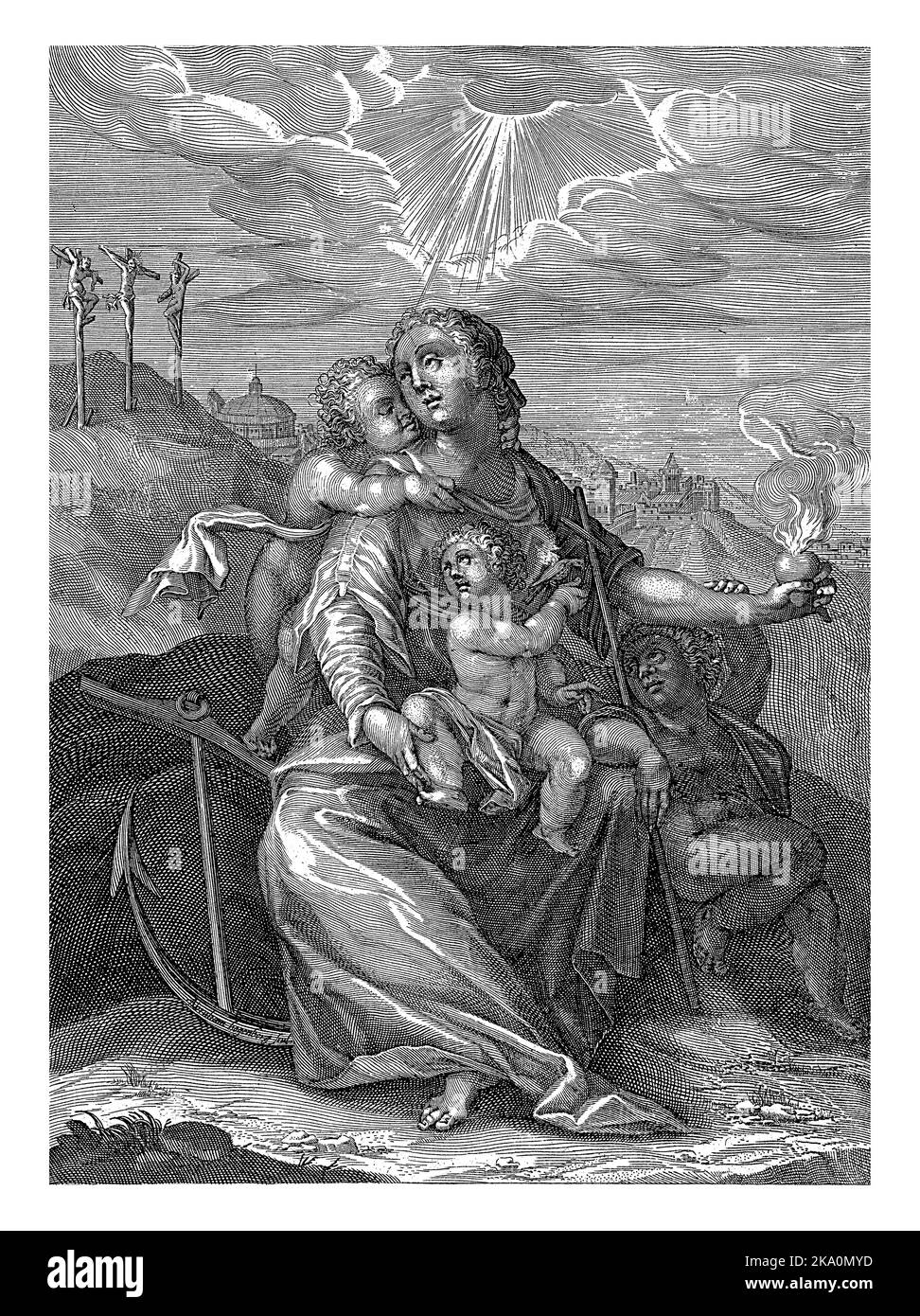 Maria con il Cristo Bambino e il Bambino Giovanni Battista (rappresentazione delle tre virtù teologiche), Abraham Hogenberg, dopo Crispijn van de Foto Stock