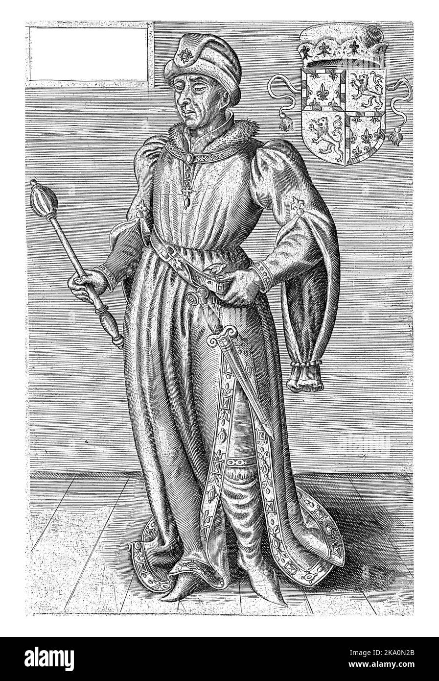 Ritratto integrale di Filippo di Saint-Pol, Duca di Brabante, tenendo uno scettro nella mano destra. La sua arma è in alto a destra. La didascalia a tre righe in Foto Stock