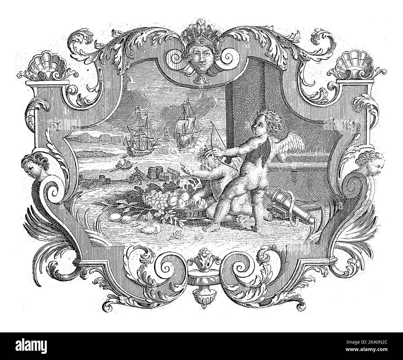 Amor con arco e putto al cesto di frutta in spiaggia. Navi a vela in mare davanti. La scena è impostata in una cornice ornamentale. Foto Stock