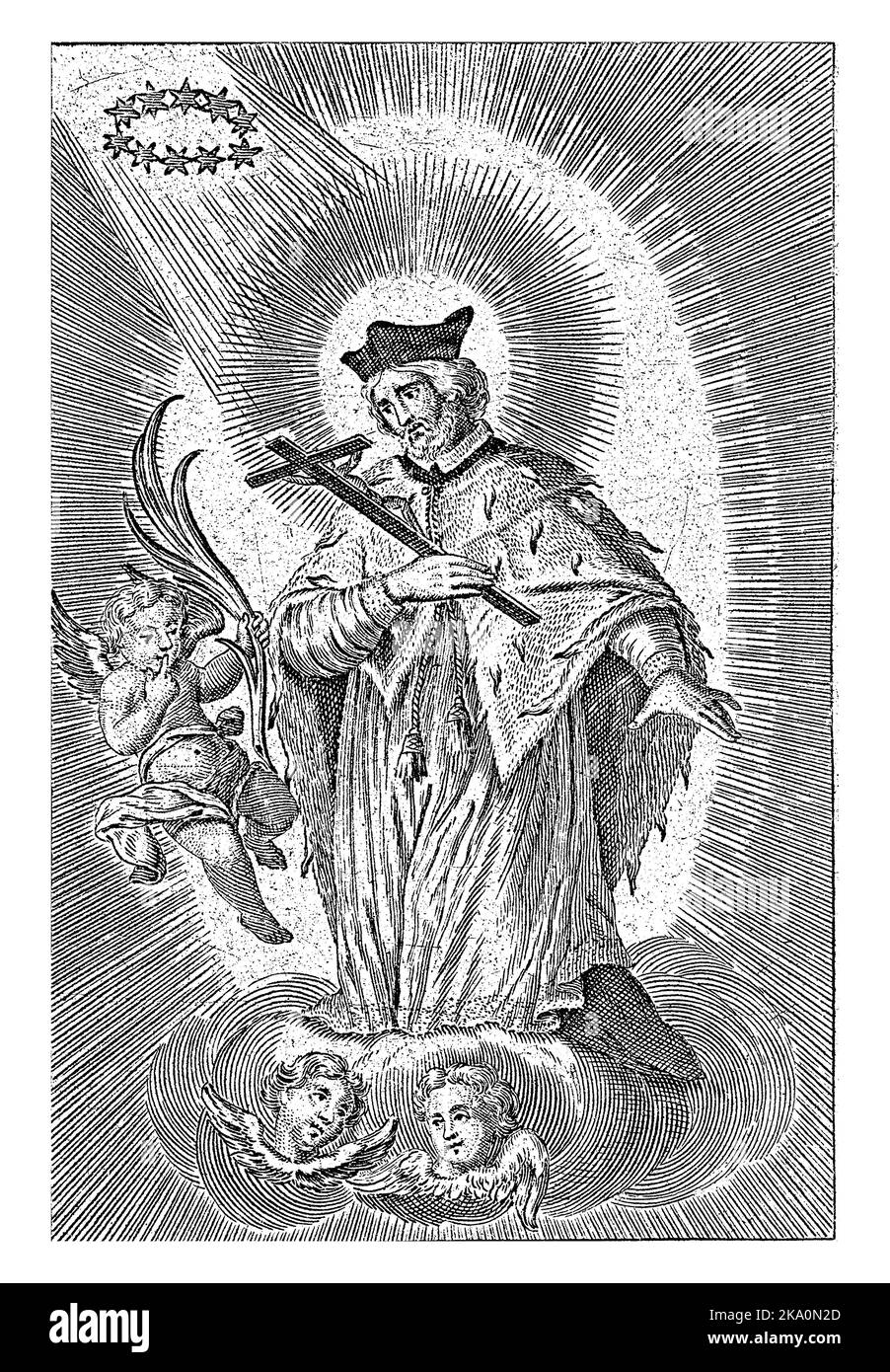 San Giovanni Nepomuceno in piedi su una nuvola con un crocifisso in mano. Accanto a lui un angelo con un ramo di palma. Sopra la sua testa c'è una ghirlanda di stelle. Foto Stock