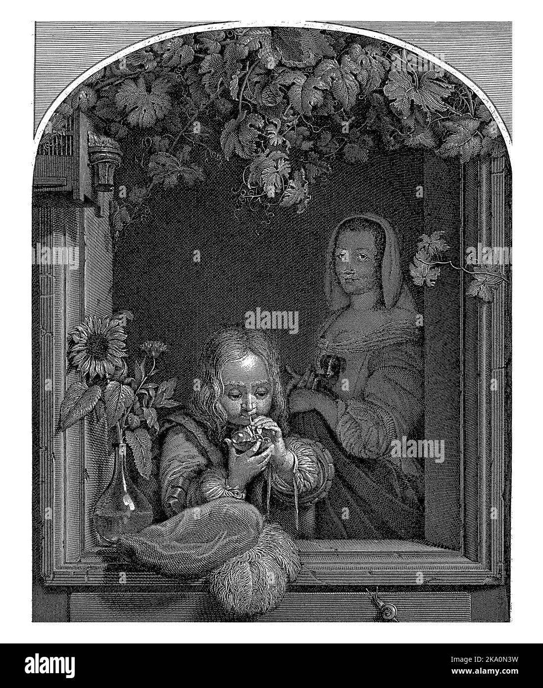 Ragazzo soffiando bolle in apertura finestra, Maurice Blot, dopo Frans van Mieris (i), 1763 - 1818, vintage incisa. Foto Stock