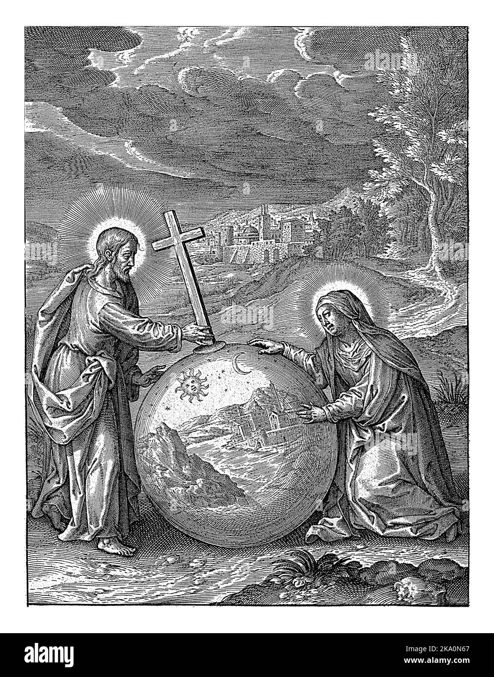 Cristo e Maria da un Orb in un paesaggio, Hieronymus Wierix, dopo Hendrik van Balen, 1563 - prima 1619 Paesaggio con Cristo come Salvatore Mundi e t Foto Stock