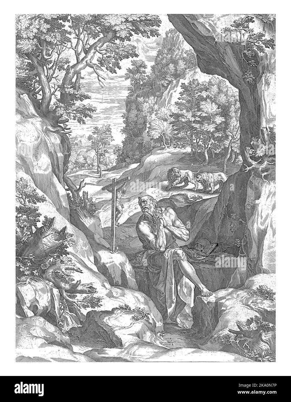 Geronymus, pregando davanti a un crocifisso in un paesaggio, accanto a lui libri e un cranio. Due leoni sullo sfondo. Foto Stock