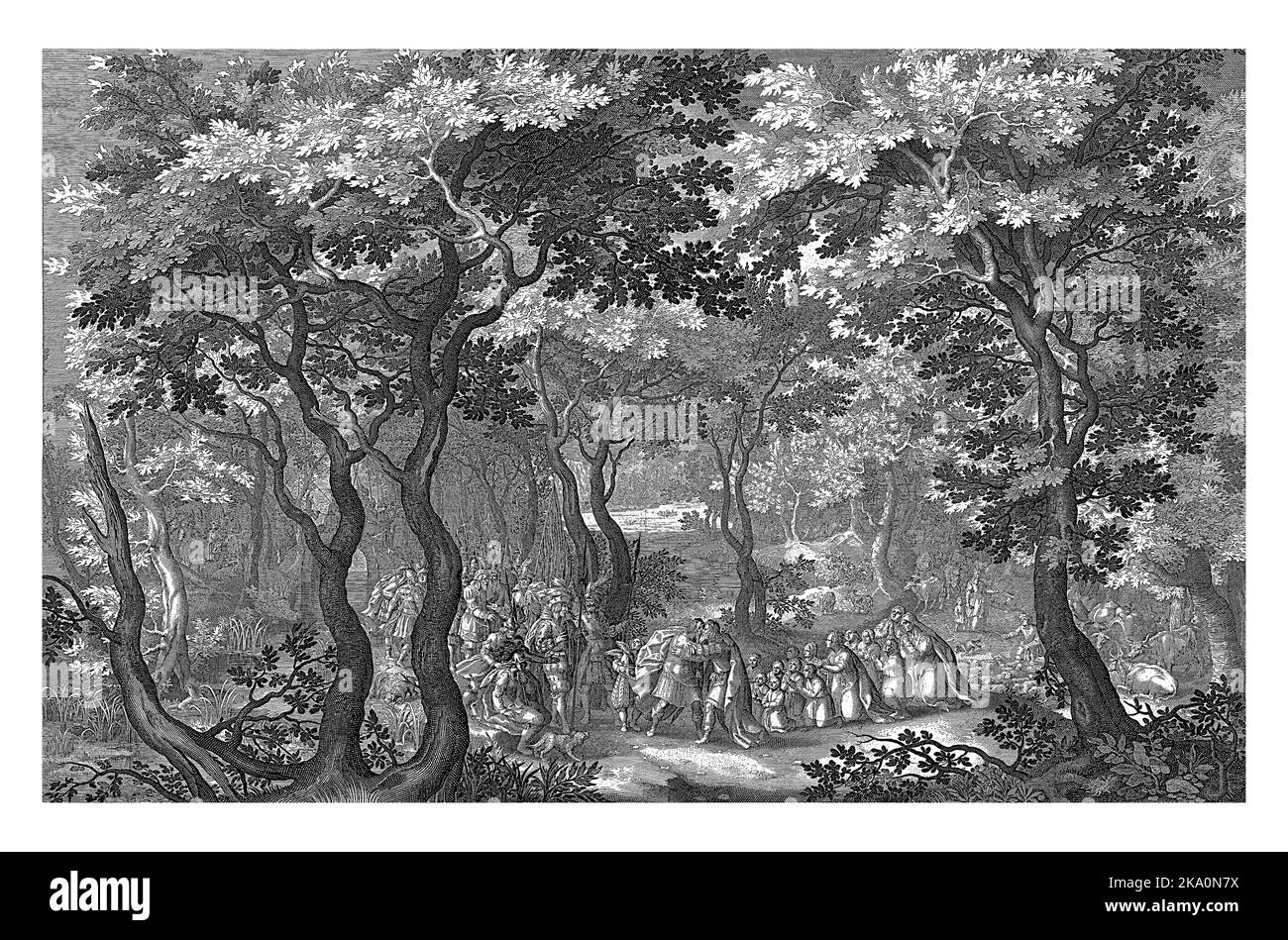 Paesaggio con l'incontro di Giacobbe ed Esaù. Nel margine sotto il verso latino in otto righe di I. Semmius. Foto Stock