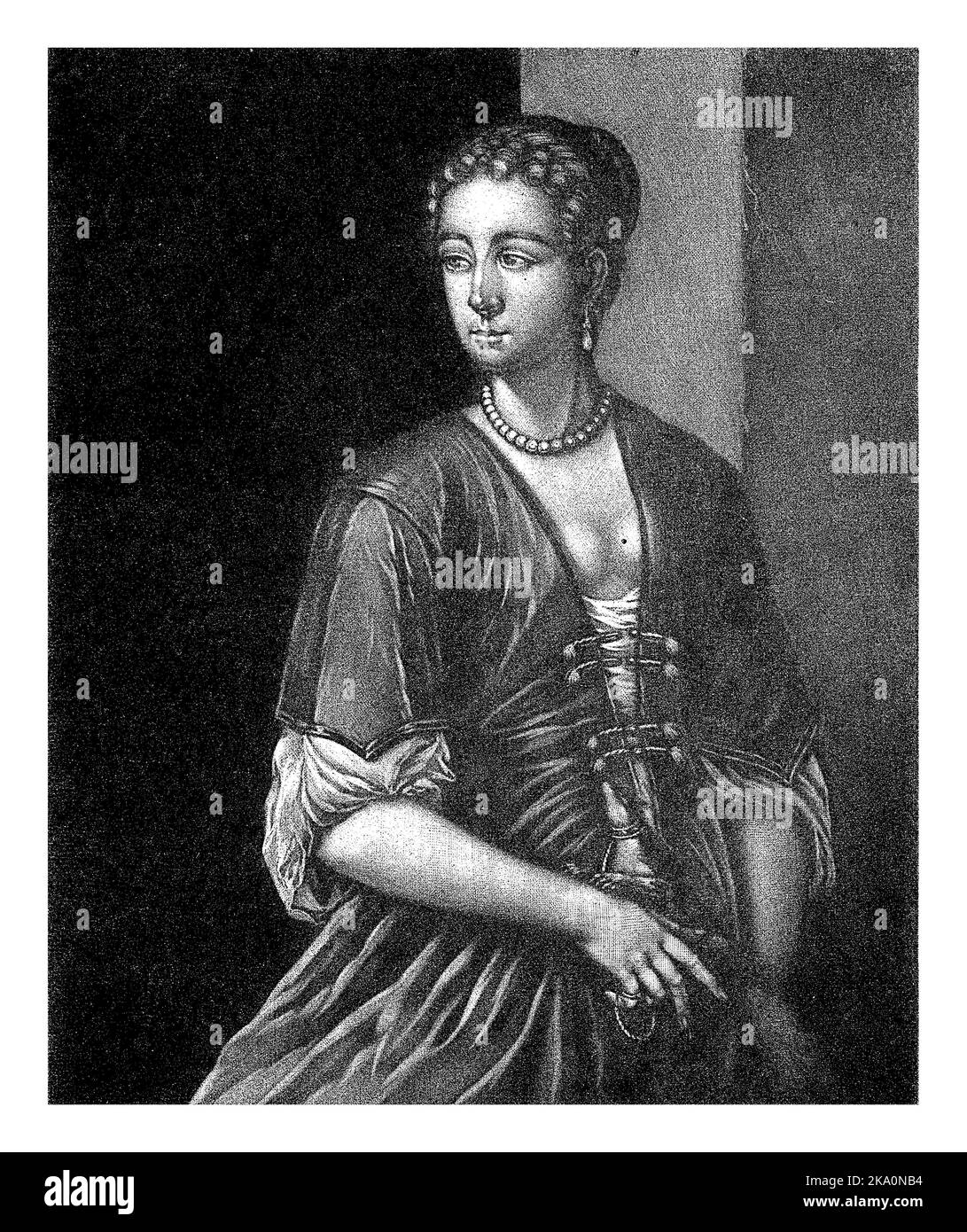 Ritratto di una giovane donna, Pieter Schenk (i), 1670 - 1713 Una giovane donna con orecchini in perla e collana in perla porta un cane. Un anello sul suo piccolo f Foto Stock