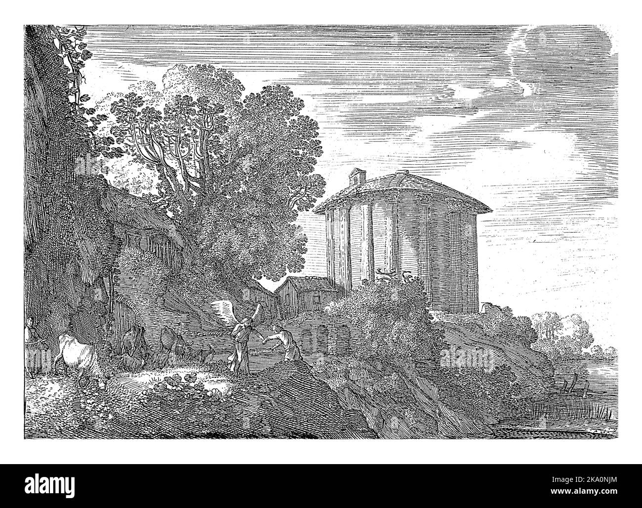 In un paesaggio con un tempio rotondo e classico, un angelo tiene un uomo per mano (Tobias e l'angelo?). Foto Stock