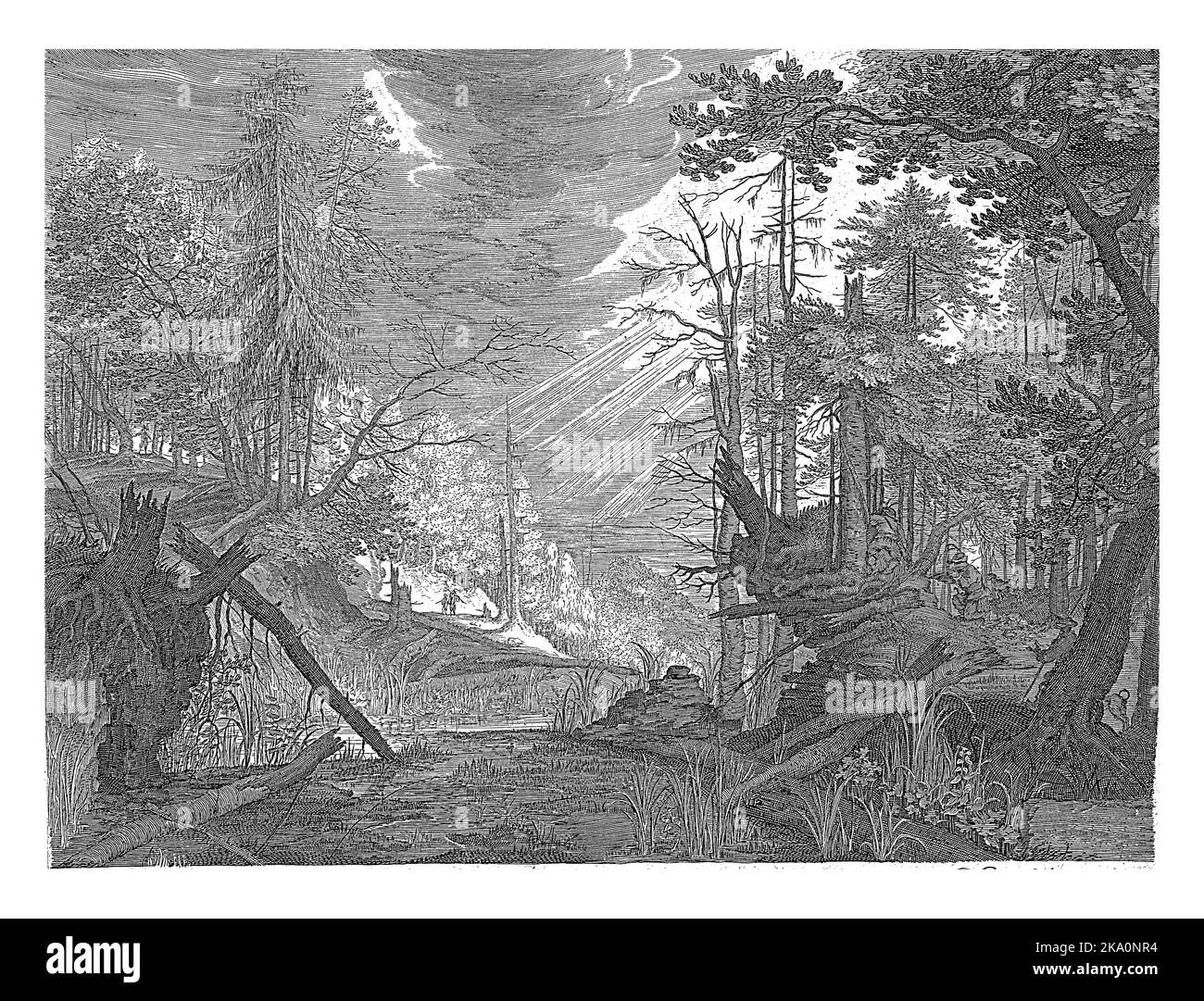 Paesaggio forestale con alberi morti caduti da un fiume. Sulla destra sulla riva tre cacciatori e un cane. Prima stampa di una serie in sei parti con la montagna l Foto Stock