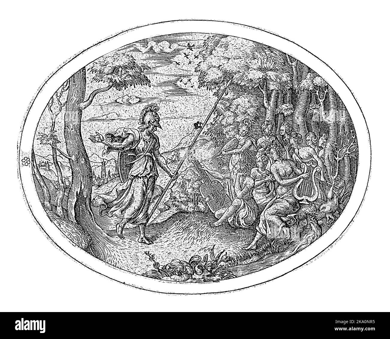 Minerva cammina verso le muse che si siedono insieme nella foresta e suonano strumenti musicali. Nella cornice ovale un bordo con la scritta in latino. Foto Stock