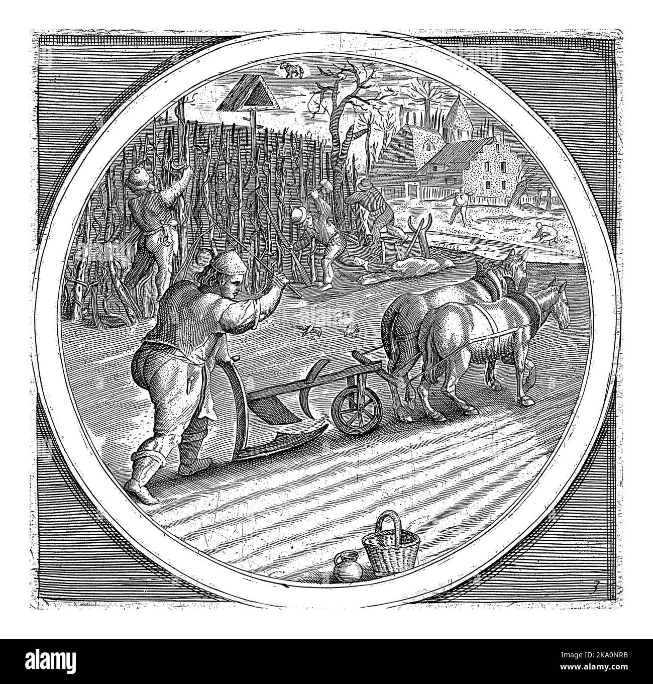 Il mese di marzo: Un agricoltore che aratri e agricoltori che pungono le viti. Al centro sopra il segno dello zodiaco che appartiene al mese di marzo: Ari Foto Stock