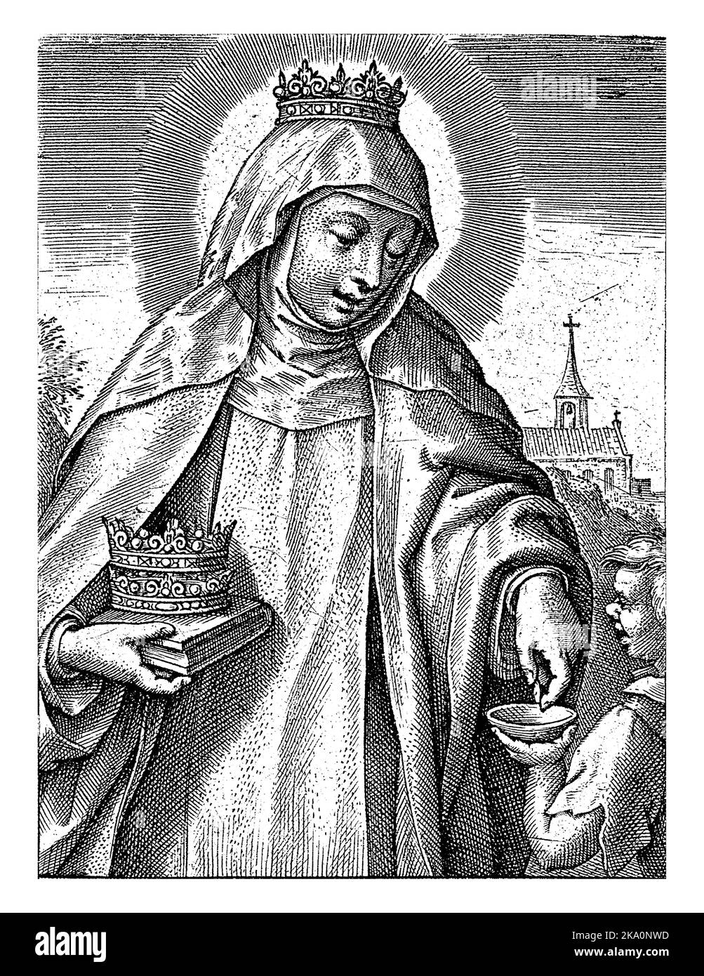 Elisabetta d'Ungheria, Hieronymus Wierix, 1563 - prima del 1619 Santa Elisabetta d'Ungheria, vestita come suora francescana. È incoronata e in mano Foto Stock