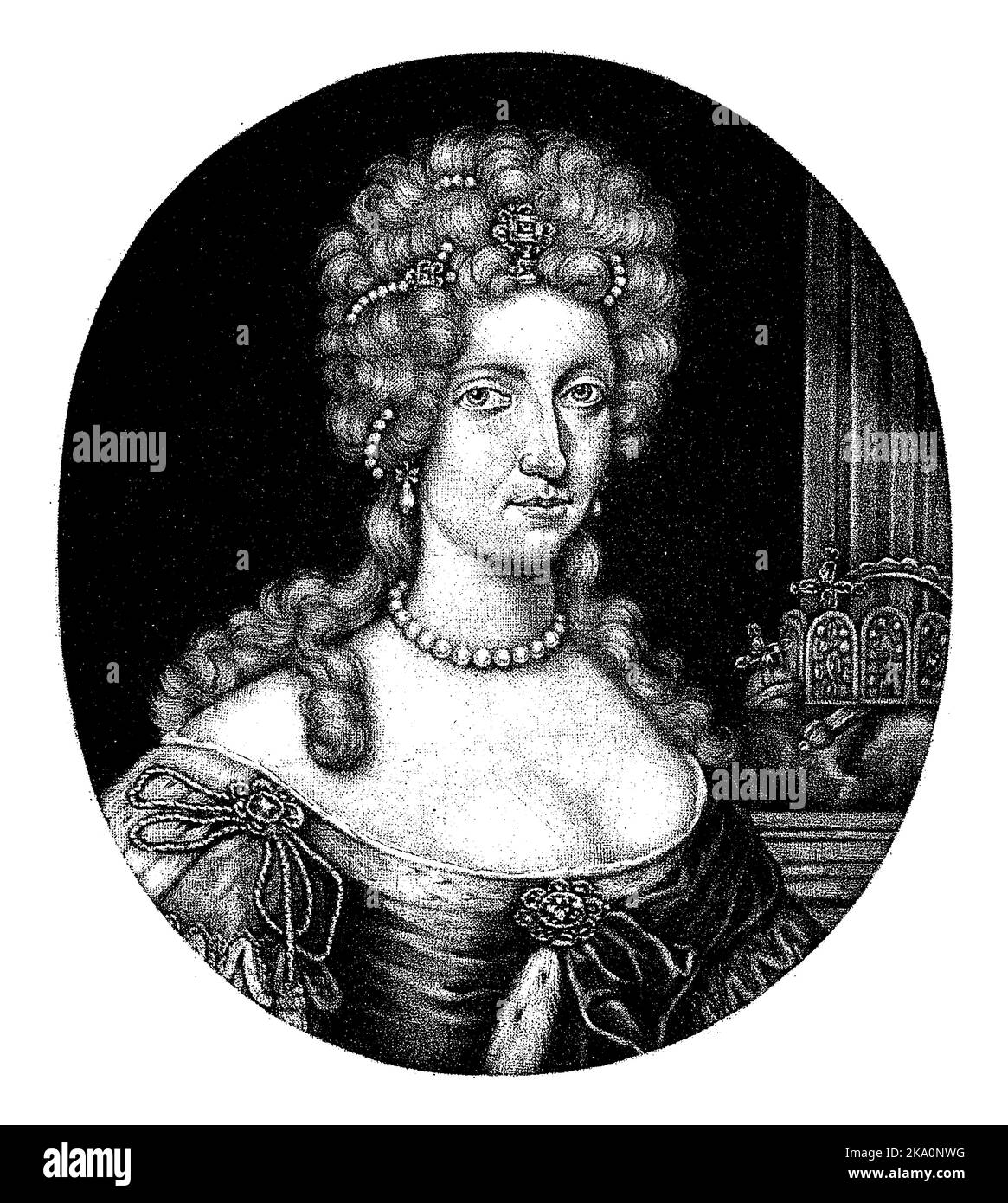 Eleonore Maddalena Teresa di Palatinato-Neuburg, imperatrice del Sacro Romano Impero. Indossa le perle nei capelli. Accanto a lei la corona. Foto Stock