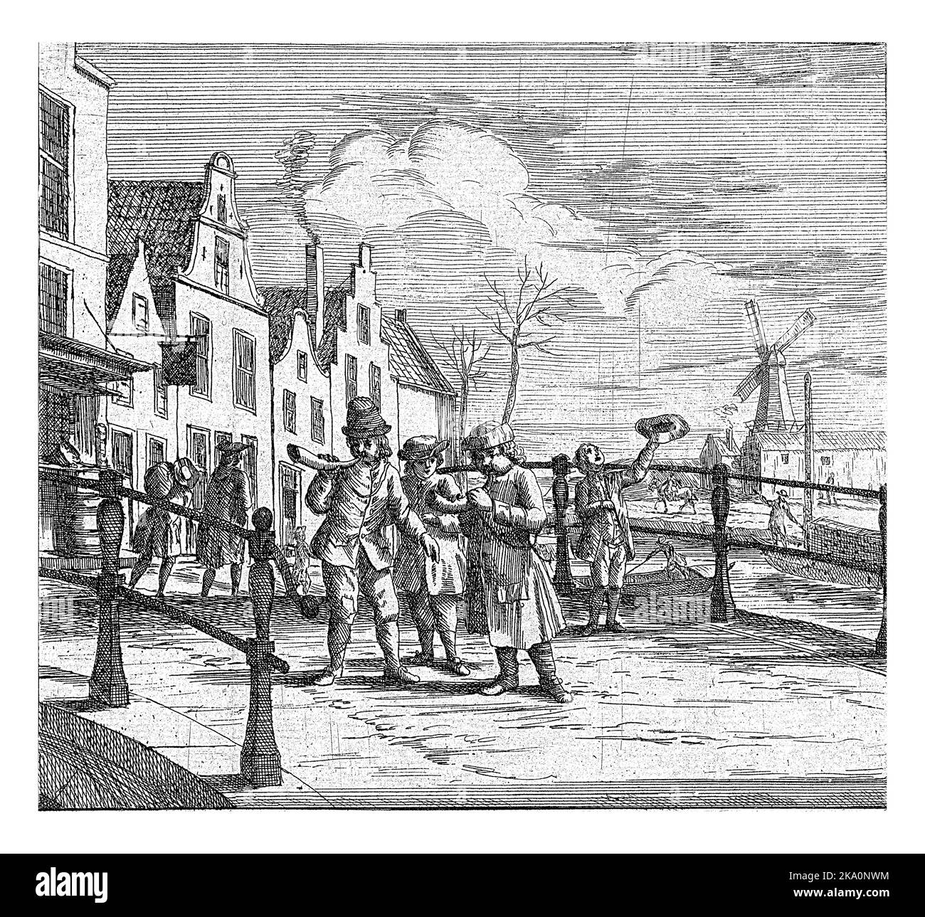 Paesaggio urbano con tre uomini su un ponte, due dei quali suonano un corno. Dietro di loro si trova un uomo che tiene il cappello in aria e che guarda in alto. Sullo sfondo a Foto Stock