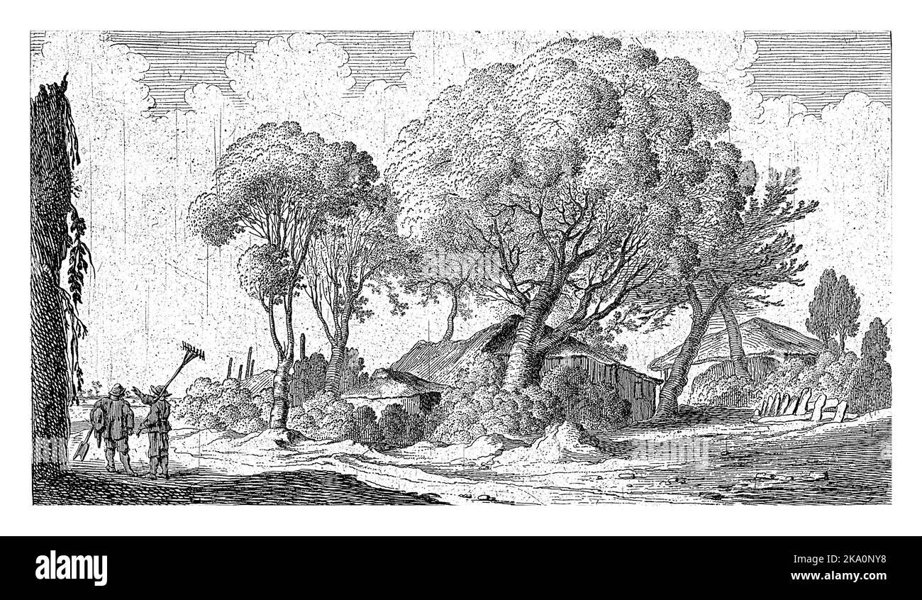 Paesaggio con fattorie alberate. In primo piano due agricoltori. La stampa fa parte di una serie di dodici paesaggi. Foto Stock