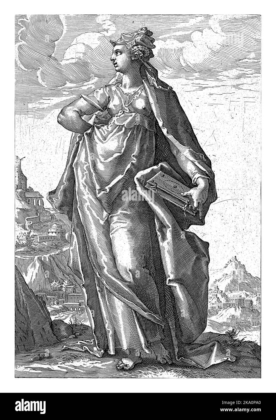 Hulda la profetessa, in piedi con una mano sul suo fianco e con l'altra mano un libro (Antico Testamento). Foto Stock